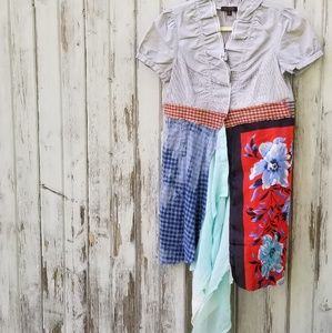 Vintage Boho Patchwork Ruffle Shirt Dress Upcycled